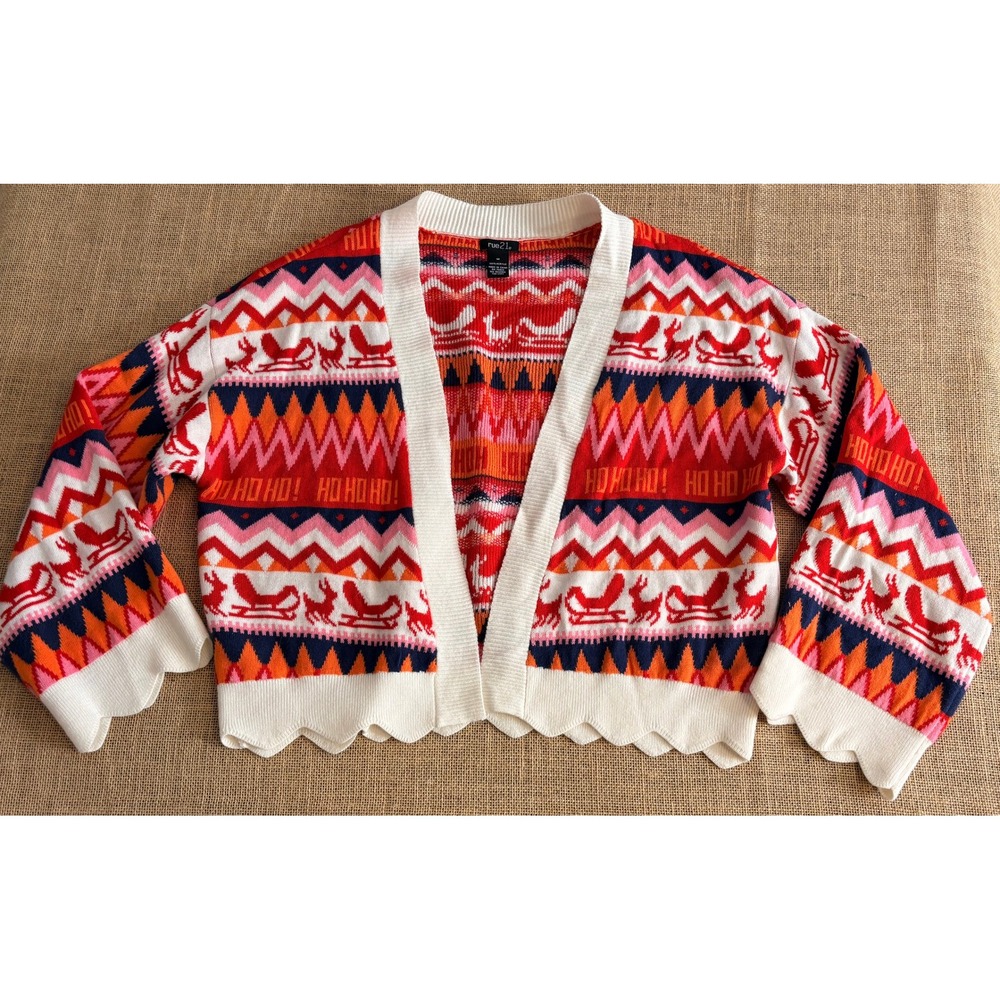 Festive Womens Christmas Cardigan Sweater Red Fair Isle Reindeer Scalloped Hem M